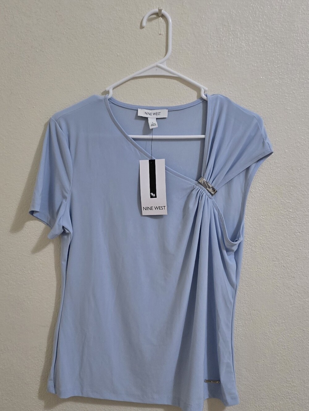 Nine West Pale Blue Draped Short Sleeve Top with Decorative Clasp